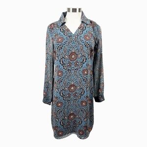 CAbi Provincial Blue &‎ Brown Print Long Sleeve Shift Dress Size X-Small